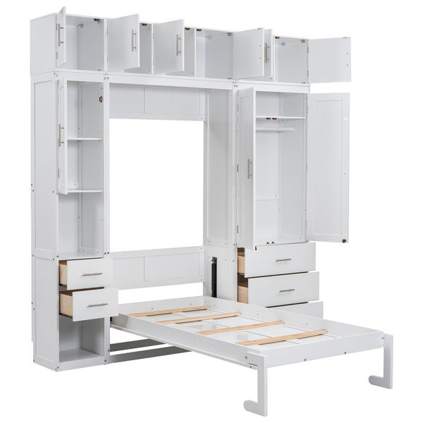 English Elm Twin Murphy Bed with Lockers & Wardrobes White — Space-Saving Foldaway Cabinet Bed w/ Shelves, Drawers and Video Guide GX000391AAK