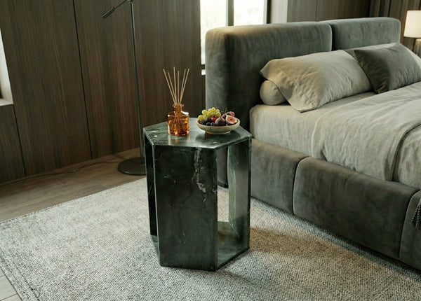 English Elm Genuine Solid Marble Hexagonal Pedestal End Table Polished Stone for Modern Living Green W1696P407999