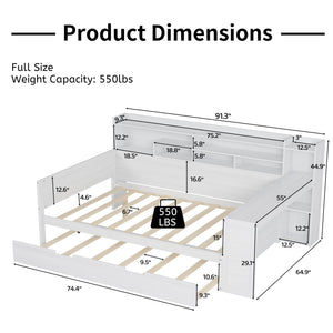 English Elm Wooden Full Size Daybed with Trundle and Built-In Desk, Side Storage Shelves for Space-Saving Rooms Antique White 70 L x 18.6 W x 5.5 H N733S242277K