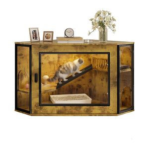 English Elm 48" Corner Mdf Cat Litter Enclosure Cabinet with Led Acrylic Door and Play Loft Tiger N704P402446D