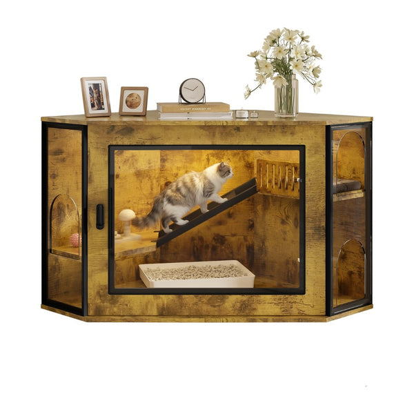 English Elm 48" Corner Mdf Cat Litter Enclosure Cabinet with Led Acrylic Door and Play Loft Tiger N704P402446D