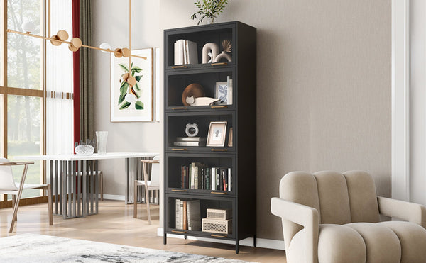 English Elm 76.75'' Tall Steel Barrister Bookcase with Led Lit Shelves and Brass Hardware Display Black SN845P397473B