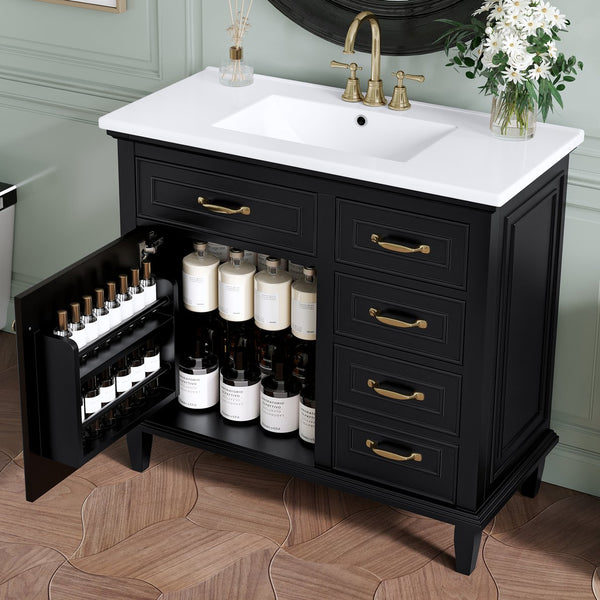 English Elm 36 Inch Bathroom Vanity With Ceramic Sink Top, Solid Wood Frame & Smart Storage Solutions For Style N725P336554B