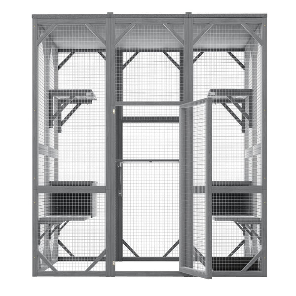 English Elm Outdoor Fir Wood Cat Enclosure Three Tier Six Platform Habitat with Waterproof Roof W1598P390796