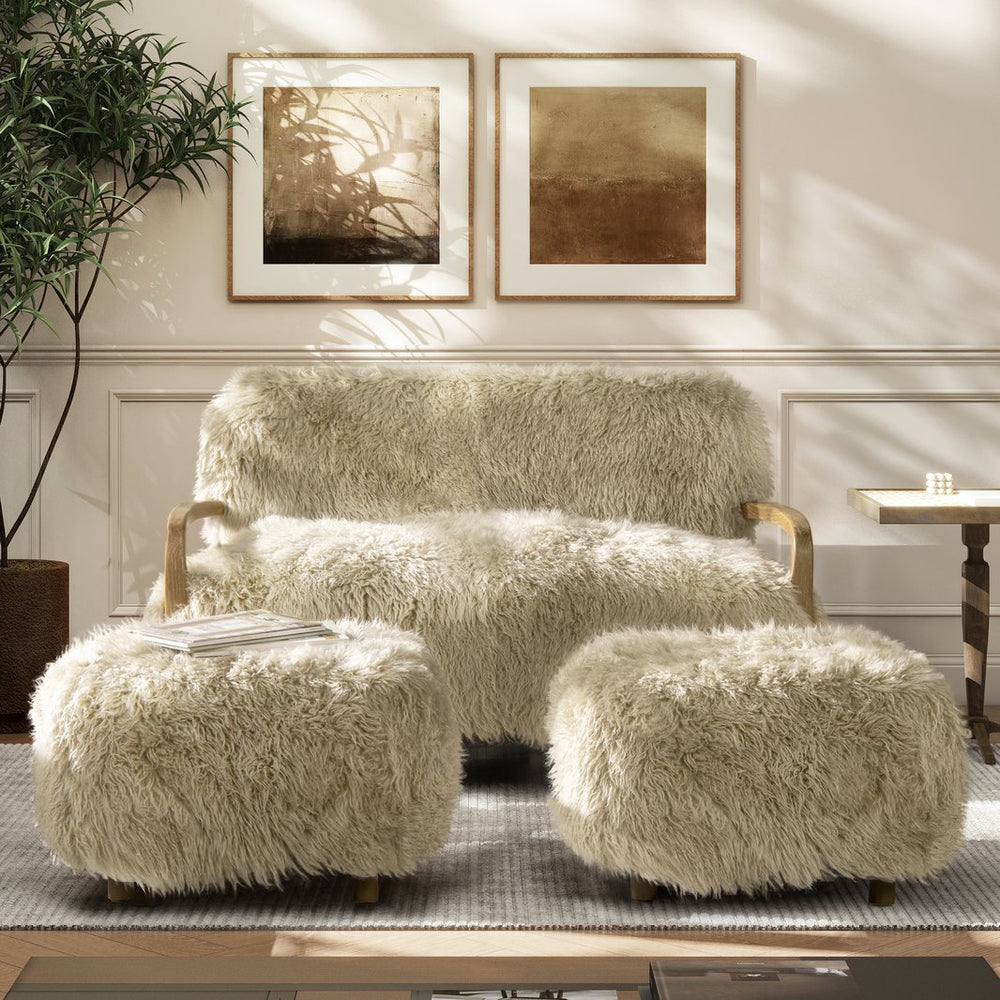 English Elm Jennifer Taylor Home - Enchante Taupe New Zealand Sheepskin Rectangular Ottoman with Oak Legs, High-Density Comfort Accent B2719P238448
