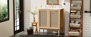 English Elm 30-inch bamboo bathroom vanity with handwoven rattan doors, soft-close hinges, ample storage beauty WF530472AAD