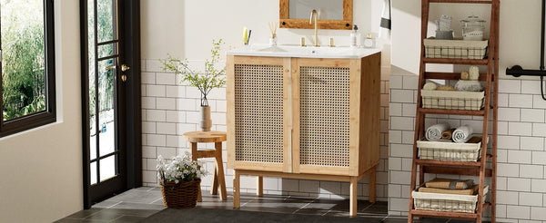 English Elm 30-inch bamboo bathroom vanity with handwoven rattan doors, soft-close hinges, ample storage beauty WF530472AAD