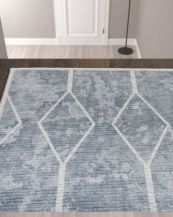Homeroots 10' Blue And Gray Geometric Power Loom Washable Runner Rug  Cotton Blend 533002