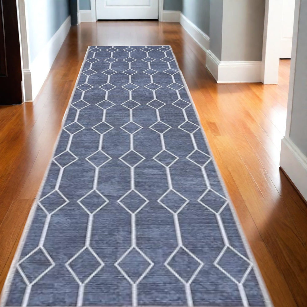 Homeroots 10' Runner Blue Geometric Power Loom Washable Runner Rug  Cotton Blend 533005