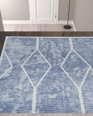 Homeroots 10' Blue And Off White Geometric Power Loom Washable Runner Rug  Cotton Blend 533006