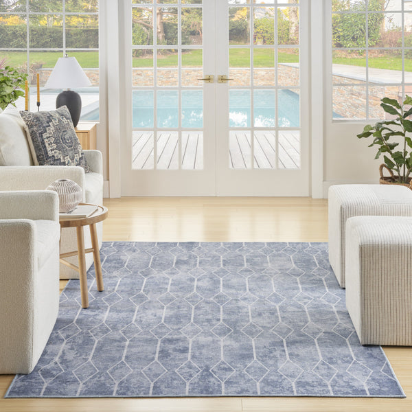 Homeroots 5' X 7' Blue And Off White Geometric Power Loom Washable Area Rug  Cotton Blend 533012
