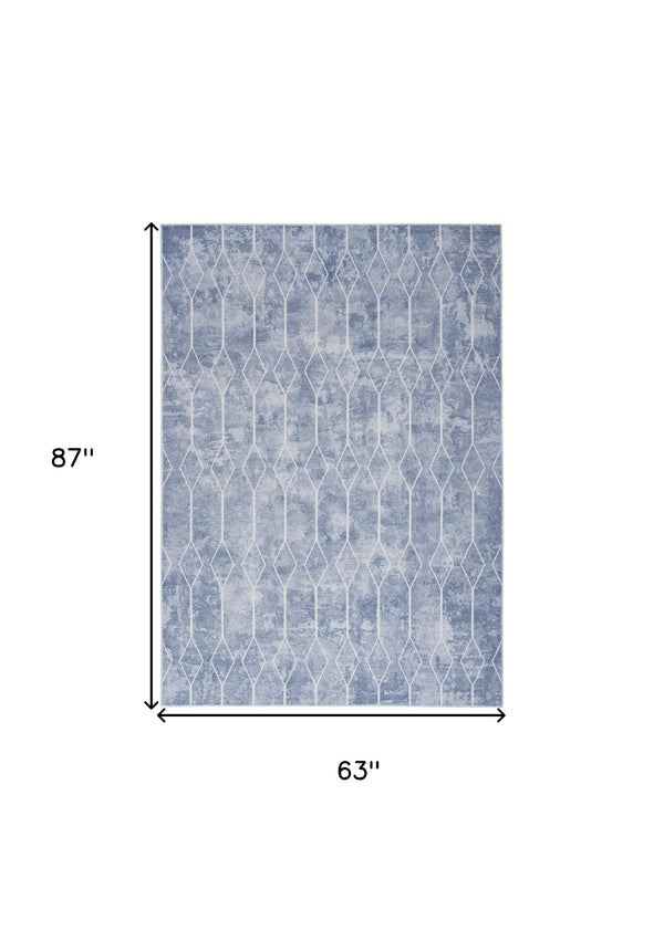Homeroots 5' X 7' Blue And Off White Geometric Power Loom Washable Area Rug  Cotton Blend 533012