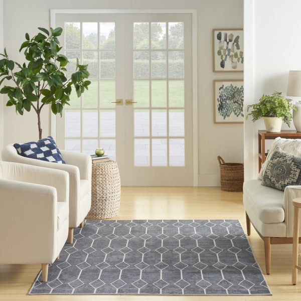 HomeRoots 5' Blue and Ivory Geometric Area Rug - Modern Power Loomed Design, Durable & Easy Care for Your Home 6' X 9' 533021
