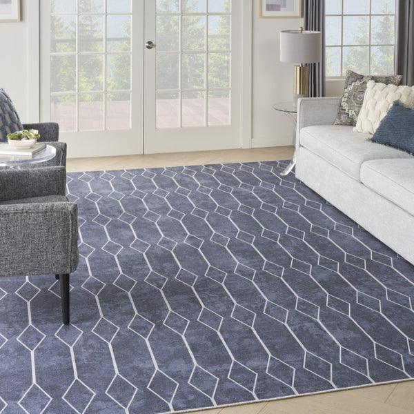 HomeRoots 5' Blue and Ivory Geometric Area Rug - Modern Power Loomed Design, Durable & Easy Care for Your Home 9' X 12' 533057