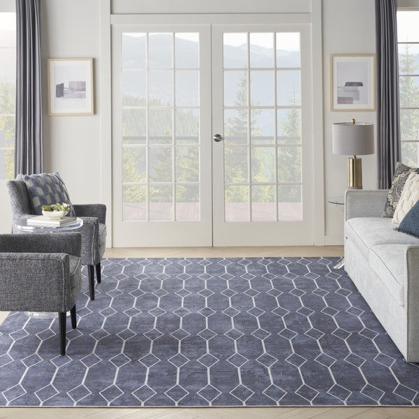 Homeroots 9' X 12' Blue And Off White Geometric Power Loom Washable Area Rug  Cotton Blend 533057