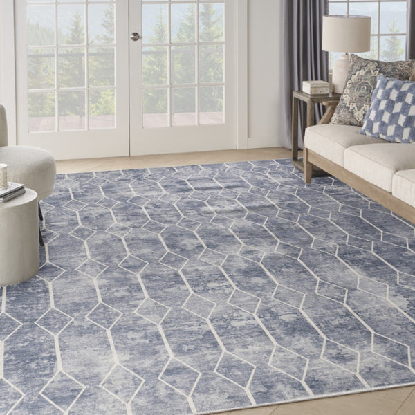 HomeRoots 9' Modern Geometric Blue and Beige Area Rug - Durable, Machine Washable for Easy Care and Style 9' X 12' 533059