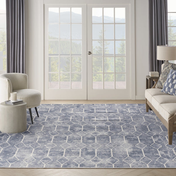 HomeRoots 9' Modern Geometric Blue and Beige Area Rug - Durable, Machine Washable for Easy Care and Style 9' X 12' 533059