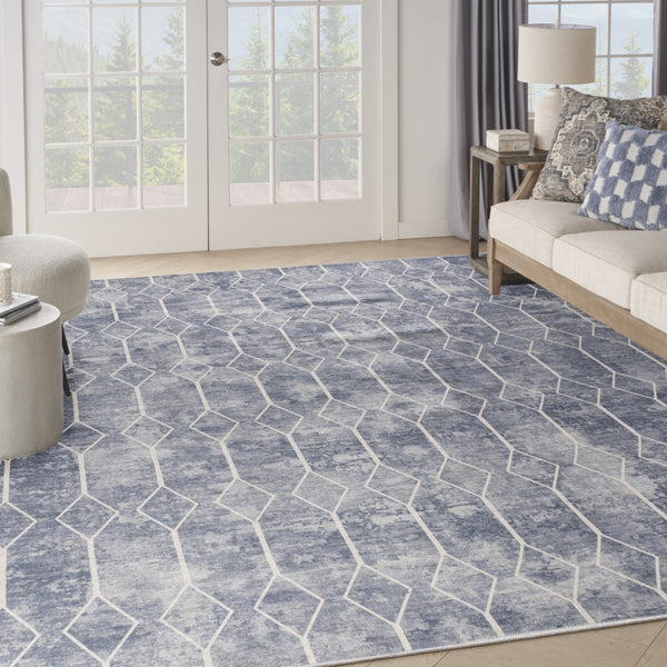 Homeroots 9' X 12' Blue And Beige Geometric Power Loom Washable Area Rug  Cotton Blend 533059