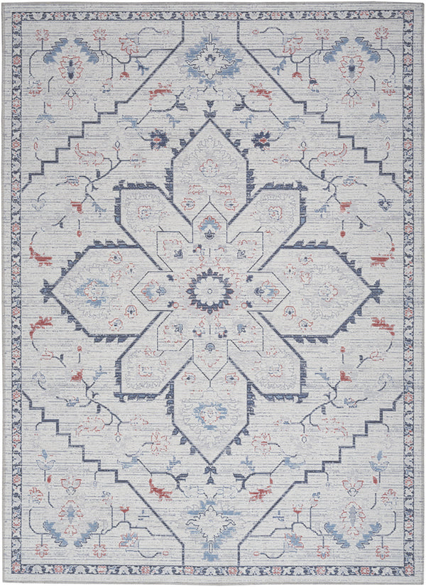 Homeroots 5' X 7' Ivory And Blue Oriental Power Loom Washable Area Rug  Cotton Blend 533063