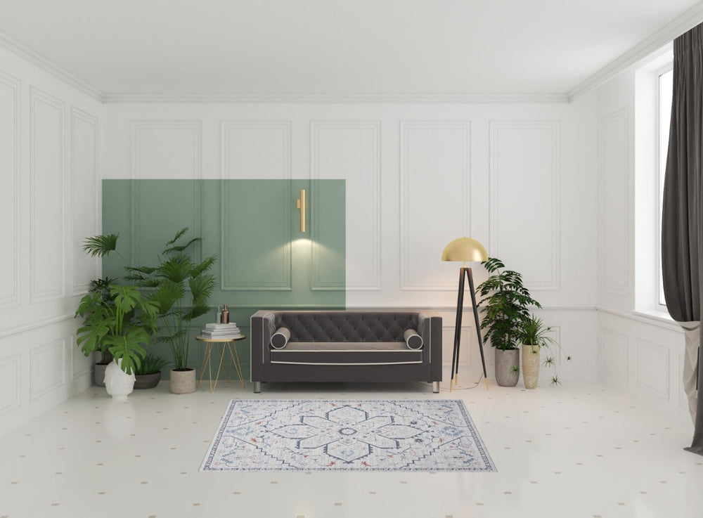 HomeRoots 5' Ivory and Blue Oriental Area Rug - Elegant Power Loomed Design, Washable, Soft Underfoot Comfort 5' X 8' 533063
