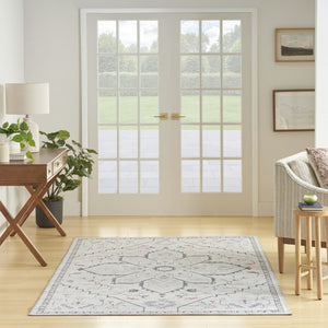 HomeRoots 5' Ivory and Blue Oriental Area Rug - Elegant Power Loomed Design, Washable, Soft Underfoot Comfort 5' X 8' 533063