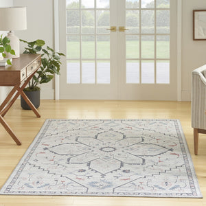 HomeRoots 5' Ivory and Blue Oriental Area Rug - Elegant Power Loomed Design, Washable, Soft Underfoot Comfort 6' X 9' 533065