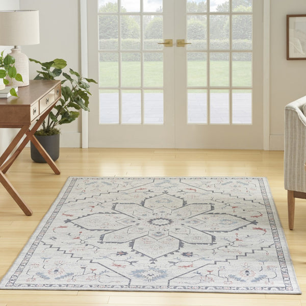 HomeRoots 5' Ivory and Blue Oriental Area Rug - Elegant Power Loomed Design, Washable, Soft Underfoot Comfort 6' X 9' 533065