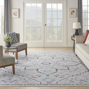 HomeRoots 5' Ivory and Blue Oriental Area Rug - Elegant Power Loomed Design, Washable, Soft Underfoot Comfort 8' X 10' 533069