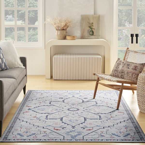 Homeroots 8' X 10' Ivory And Blue Oriental Power Loom Washable Area Rug  Cotton Blend 533069