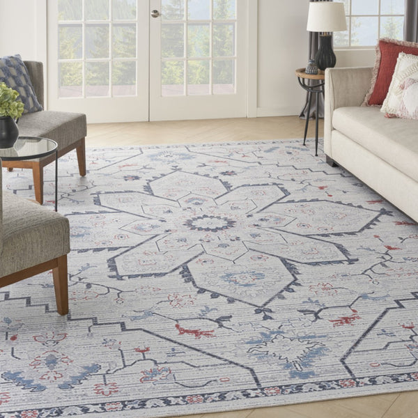 HomeRoots 5' Ivory and Blue Oriental Area Rug - Elegant Power Loomed Design, Washable, Soft Underfoot Comfort 9' X 12' 533071