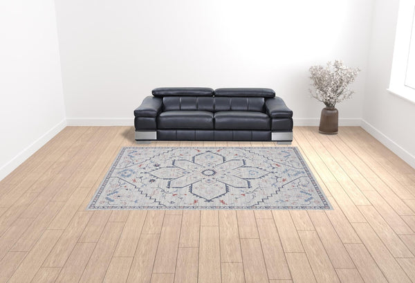 HomeRoots 5' Ivory and Blue Oriental Area Rug - Elegant Power Loomed Design, Washable, Soft Underfoot Comfort 9' X 12' 533071