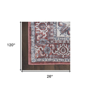 Homeroots 10' Red And Ivory Floral Power Loom Distressed Washable Runner Rug  Cotton Blend 533075