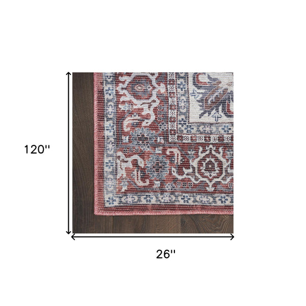 Homeroots 10' Red And Ivory Floral Power Loom Distressed Washable Runner Rug  Cotton Blend 533075