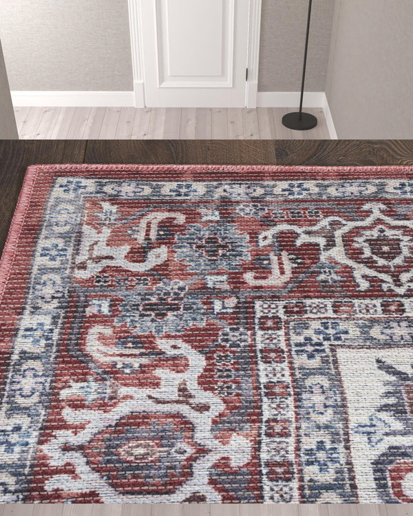 Homeroots 10' Red And Ivory Floral Power Loom Distressed Washable Runner Rug  Cotton Blend 533075