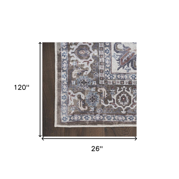 Homeroots 10' Green And Ivory Floral Power Loom Distressed Washable Runner Rug  Cotton Blend 533079