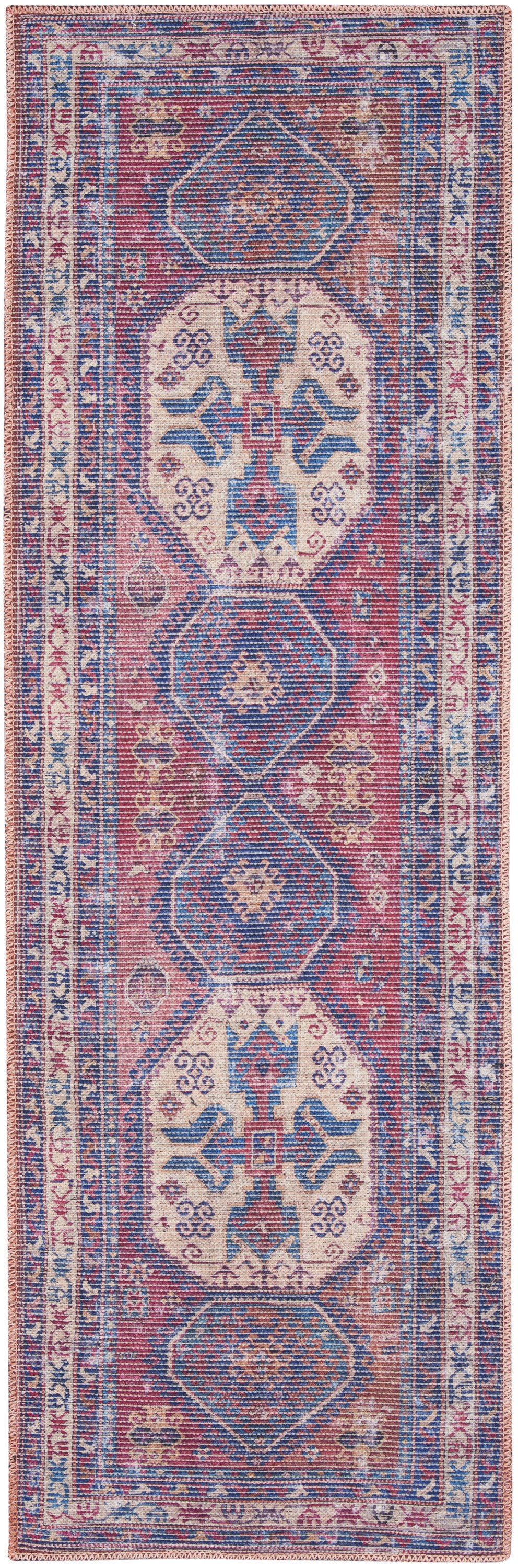 Homeroots 10' Blue And Red Floral Power Loom Distressed Washable Runner Rug  Cotton Blend 533081