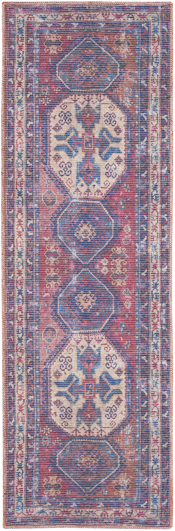 Homeroots 10' Blue And Red Floral Power Loom Distressed Washable Runner Rug  Cotton Blend 533081