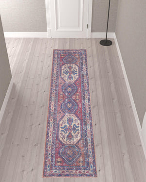 Homeroots 10' Blue And Red Floral Power Loom Distressed Washable Runner Rug  Cotton Blend 533081
