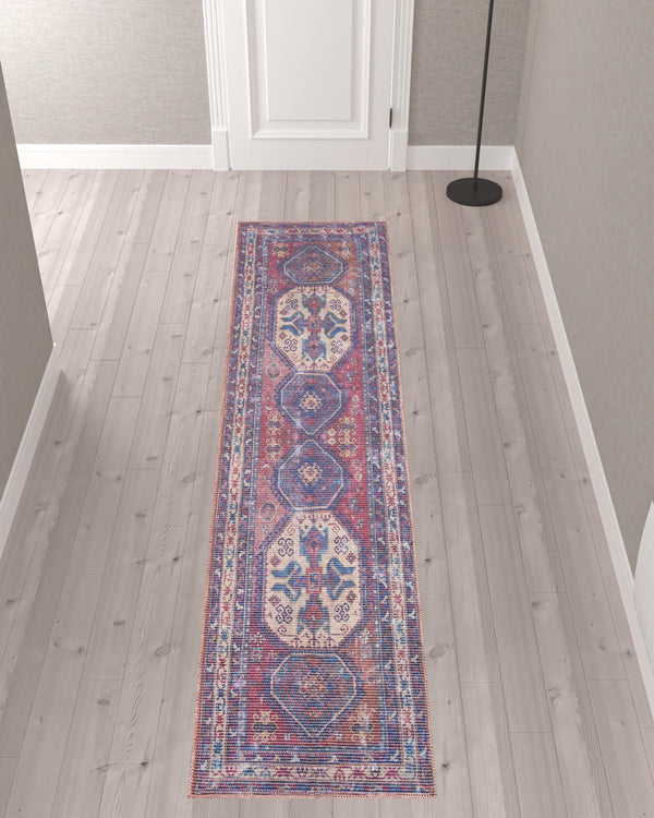 Homeroots 10' Blue And Red Floral Power Loom Distressed Washable Runner Rug  Cotton Blend 533081