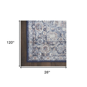 Homeroots 10' Blue And Ivory Floral Power Loom Distressed Washable Runner Rug  Cotton Blend 533083