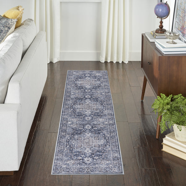 Homeroots 10' Blue And Ivory Floral Power Loom Distressed Washable Runner Rug  Cotton Blend 533083