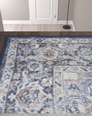 Homeroots 10' Blue And Ivory Floral Power Loom Distressed Washable Runner Rug  Cotton Blend 533083