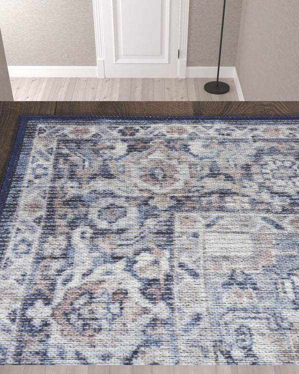 Homeroots 10' Blue And Ivory Floral Power Loom Distressed Washable Runner Rug  Cotton Blend 533083
