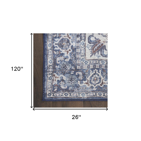 Homeroots 10' Blue And Ivory Floral Power Loom Distressed Washable Runner Rug  Cotton Blend 533087