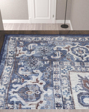 Homeroots 10' Blue And Ivory Floral Power Loom Distressed Washable Runner Rug  Cotton Blend 533087