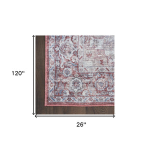 Homeroots 10' Red And Ivory Floral Power Loom Distressed Washable Runner Rug  Cotton Blend 533089