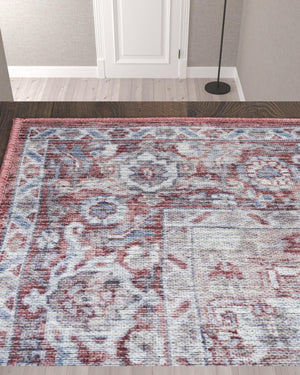 Homeroots 10' Red And Ivory Floral Power Loom Distressed Washable Runner Rug  Cotton Blend 533089