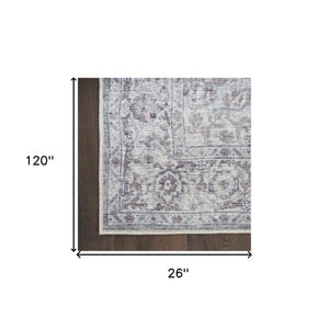 Homeroots 10' Gray And Ivory Floral Power Loom Distressed Washable Runner Rug  Cotton Blend 533091