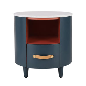 English Elm Christopher Knight Home® - Contemporary Round Nightstand with Drawer & Open Shelf, Curved Bedside Table with Leather Handles Blue 22 L x 22 W x 19.75 H N761P285708C