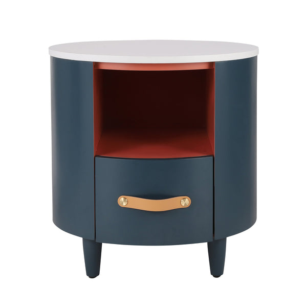 English Elm Christopher Knight Home® - Contemporary Round Nightstand with Drawer & Open Shelf, Curved Bedside Table with Leather Handles Blue 22 L x 22 W x 19.75 H N761P285708C